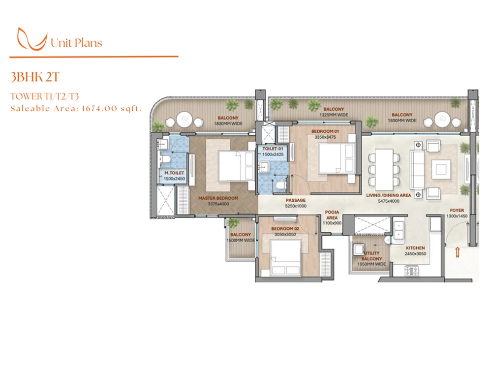 3BHK 2T Floor Plan