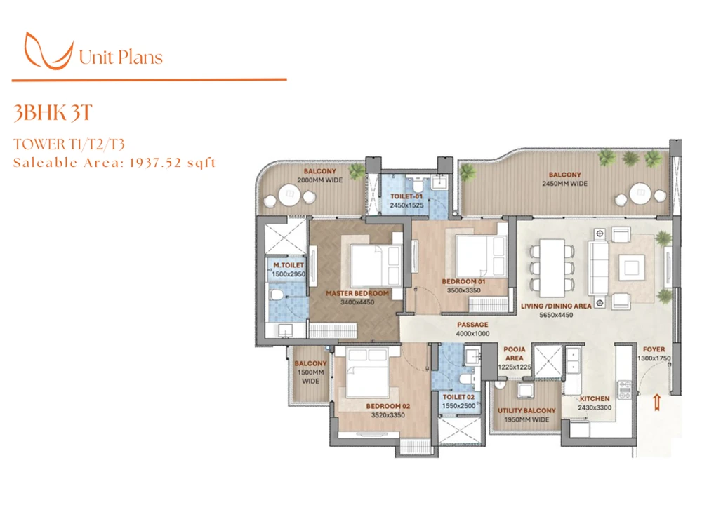 3BHK 3T Floor Plan